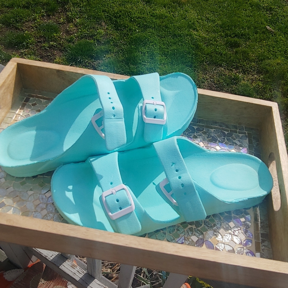 Solid Blue Aqua Turquoise Double Strap Platform A… - image 2